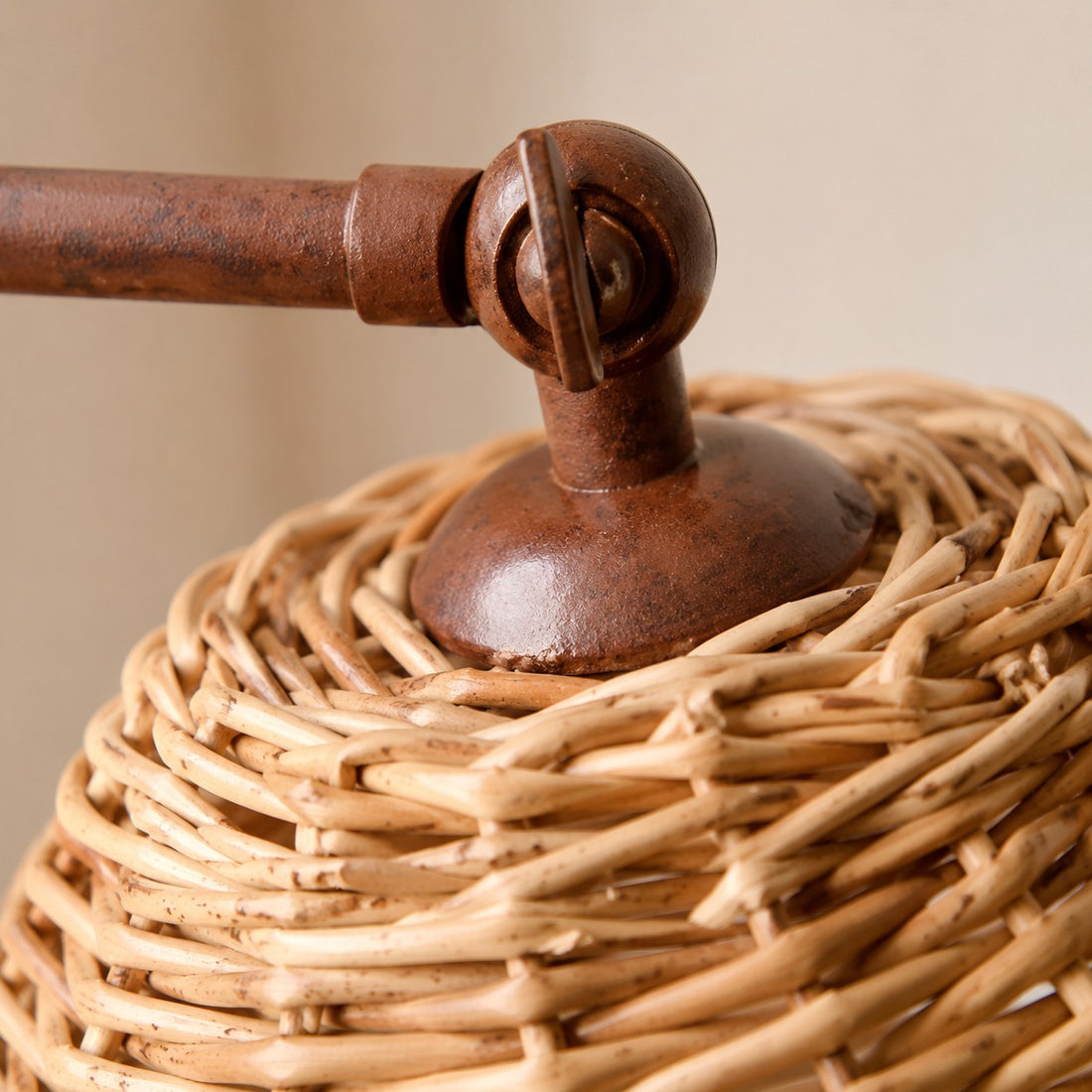 Handwoven Rattan Shade Table Lamp with Curved Metal Frame