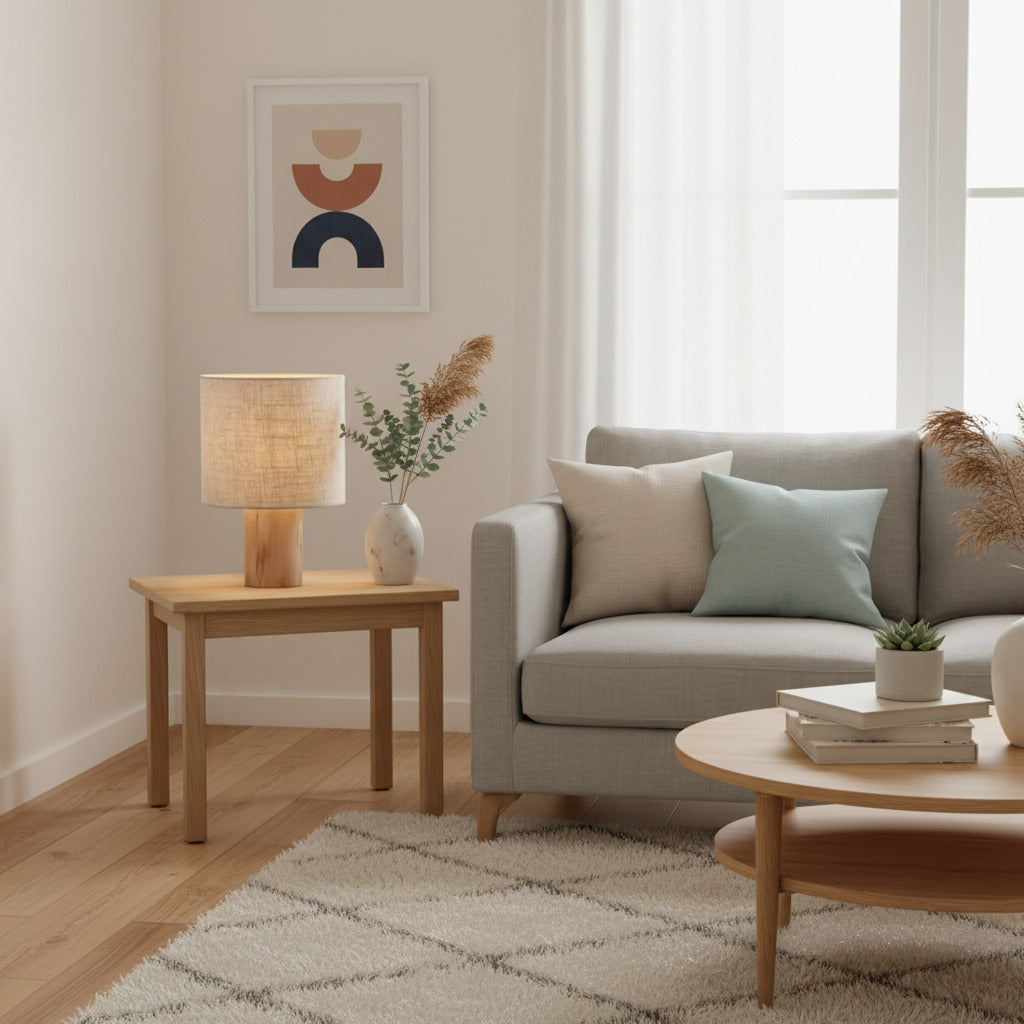 Linemora Simple Wooden Base Table Lamp - Natural Linen Cylindrical Shade for Living Rooms and Bedrooms