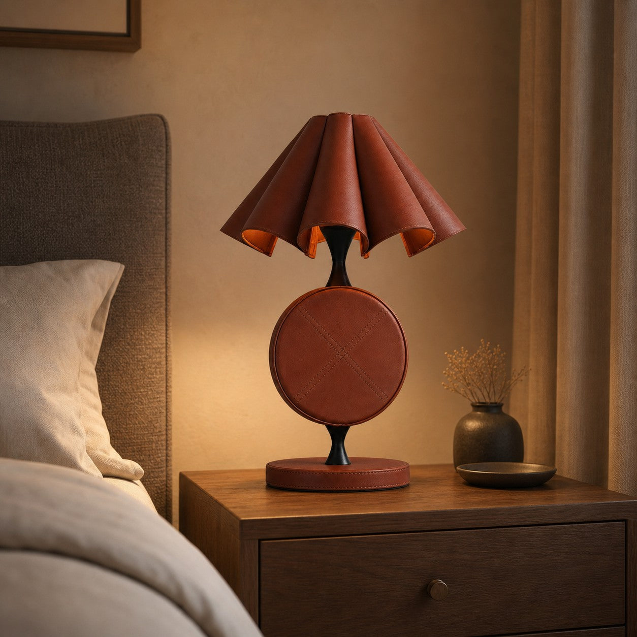 Vintage leather table lamp on a side table