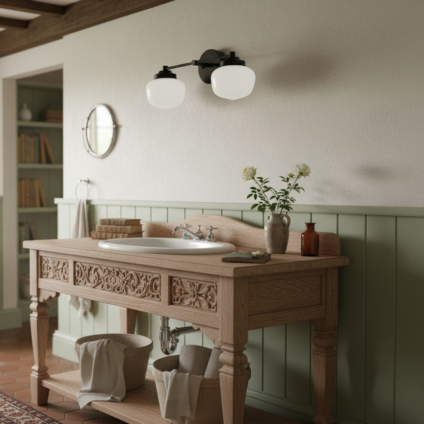 Opalume Glass Art Deco Vanity Light - Bathroom Wall Sconce with White Glass Shades