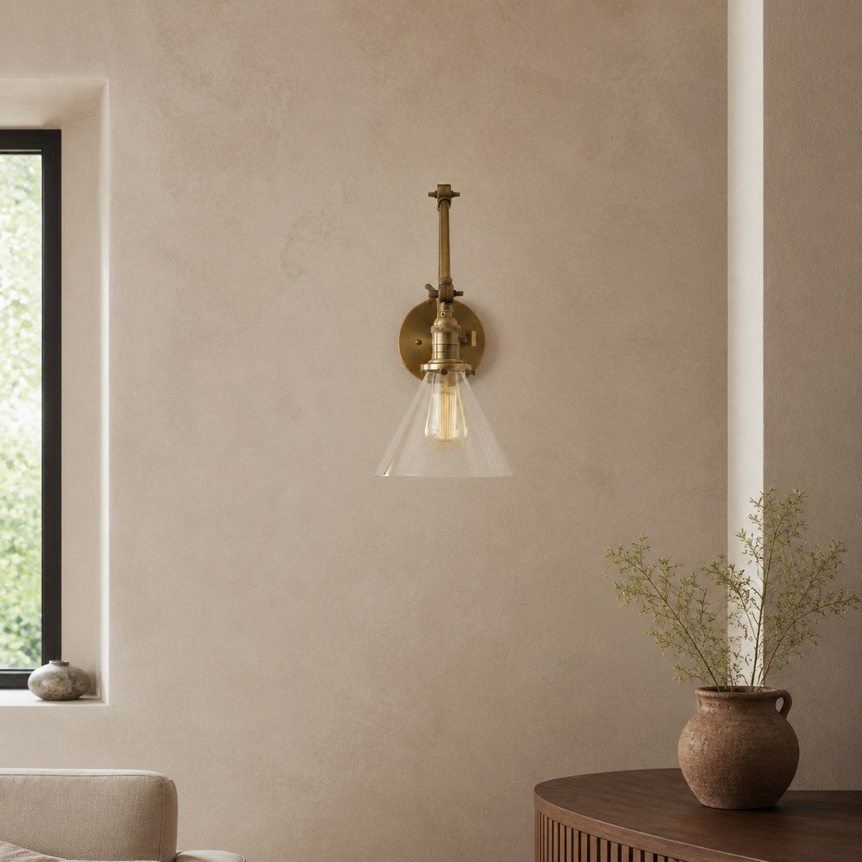 Conique Metal Industrial Wall Sconce with Adjustable Arm - Vintage Glass Cone Shade