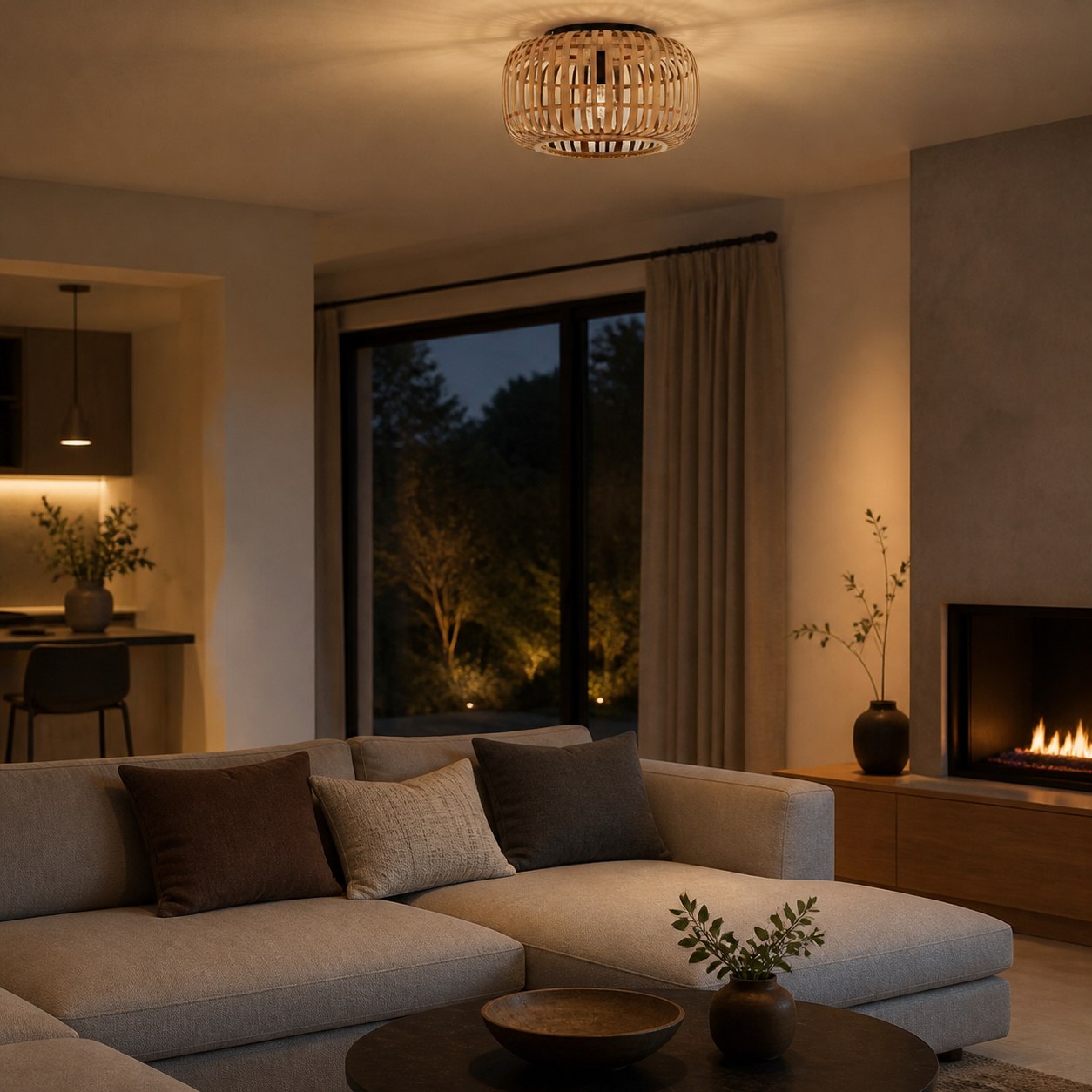 Yumeko Natural Bamboo Flush Ceiling Light - Organic Cage Design Sustainable for Living Room