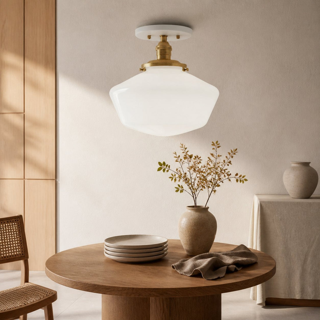 Geotower Glass Brass Ceiling Light - Opal Glass Schoolhouse Shade - Modern Elegance