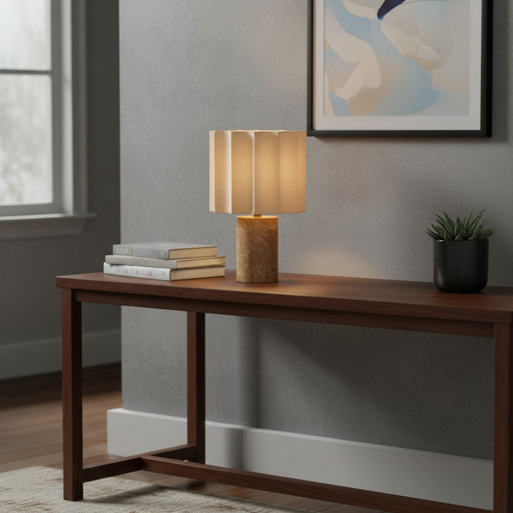 Cavilon Table Lamp with Fan-Shaped Linen Shade - Stone Finishes Suitable for Living Rooms