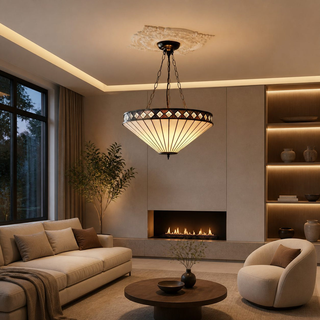 TF Fargo Adjustable Pendant with Stained-Glass Inspired Inverted Shade for Island and Dining