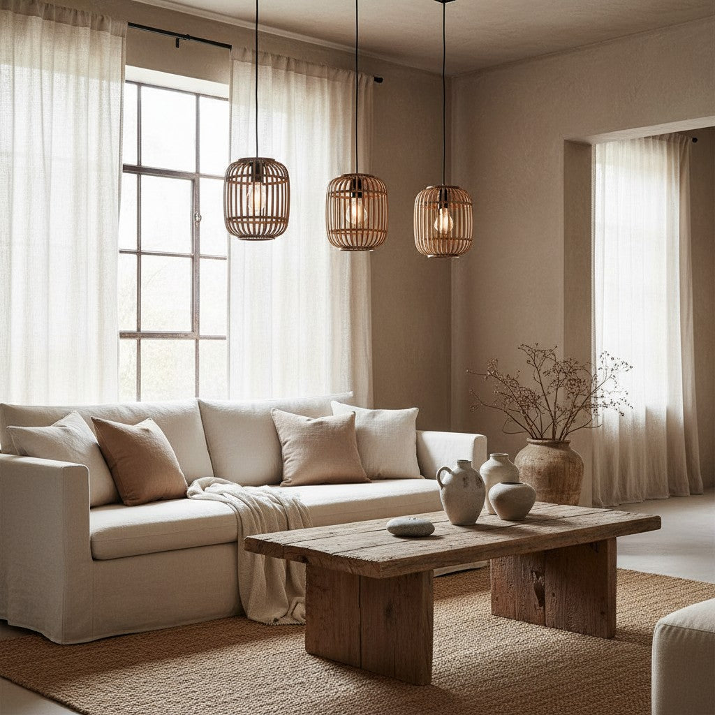Yumeko Adjustable Bamboo Pendant Lamp - Natural Cage Ceiling Light Perfect for Living & Dining Rooms