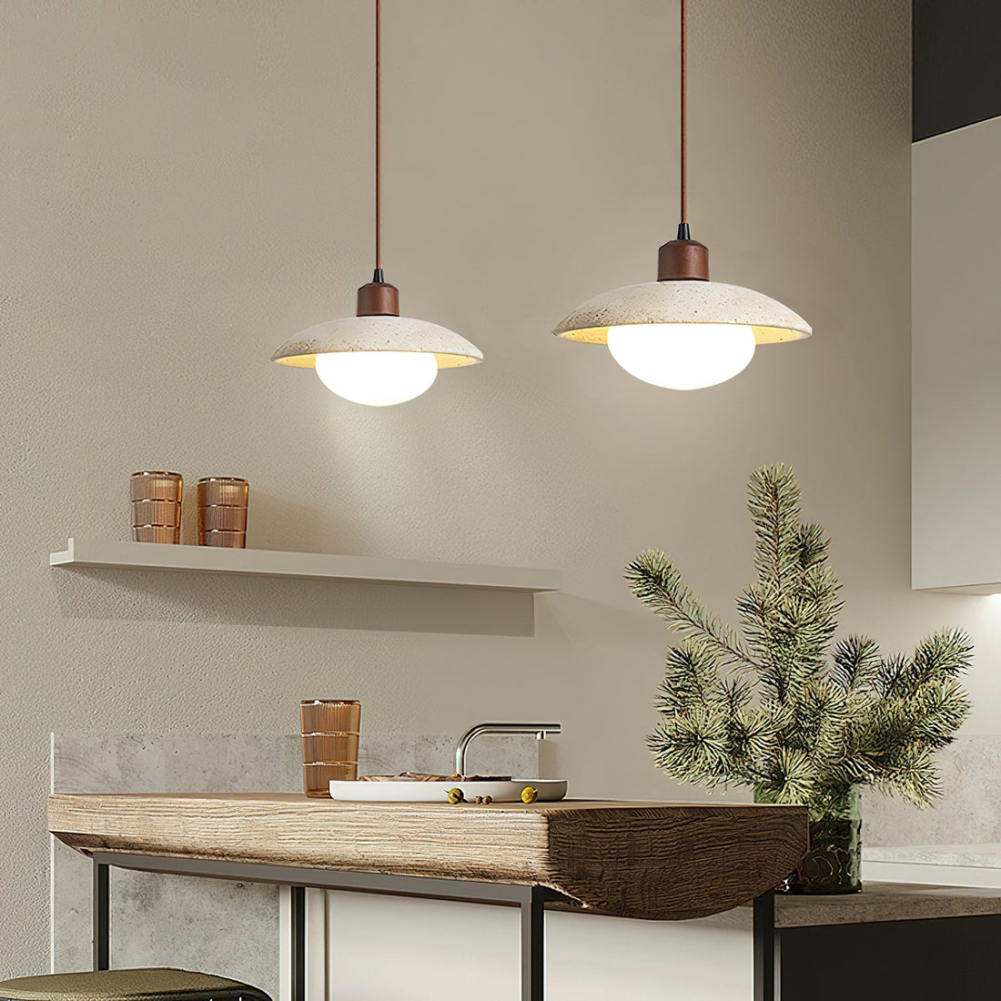 Wabi-sabi Style Travertine Stone Disc Pendant Lamp