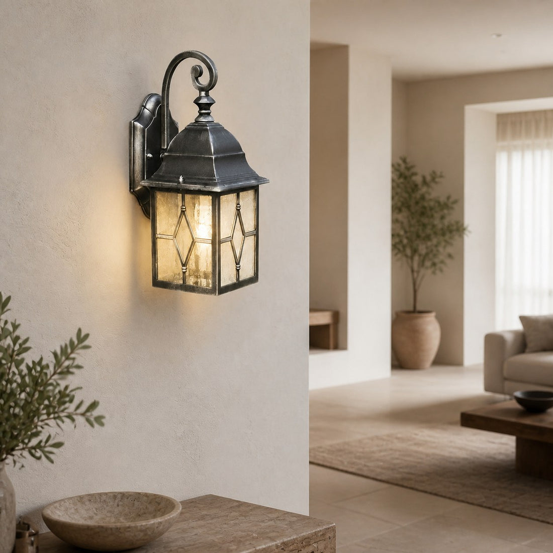 Frostine Traditional Outdoor Wall Light - Leaded Water Glass Lantern for Porch and Patio Lighting