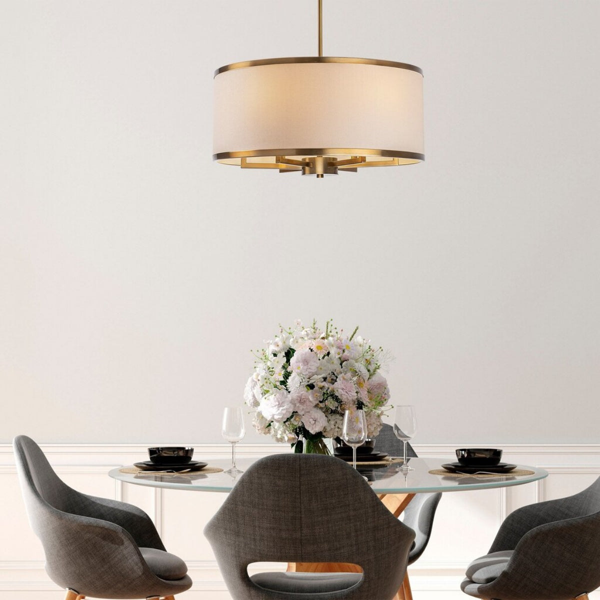Large Drum Shade Fabric Chandelier For Dining Room