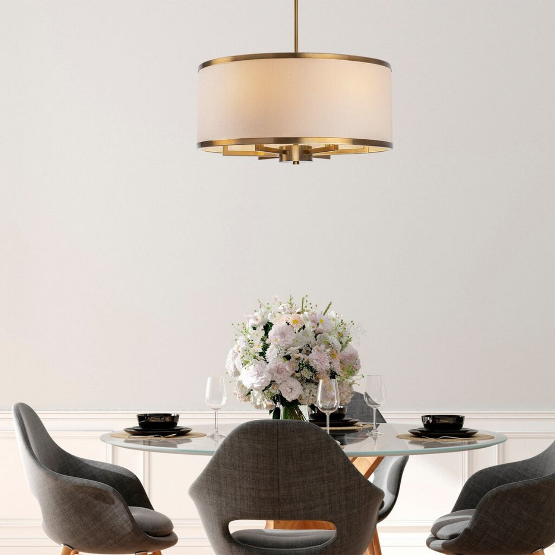 Large Drum Shade Fabric Chandelier For Dining Room