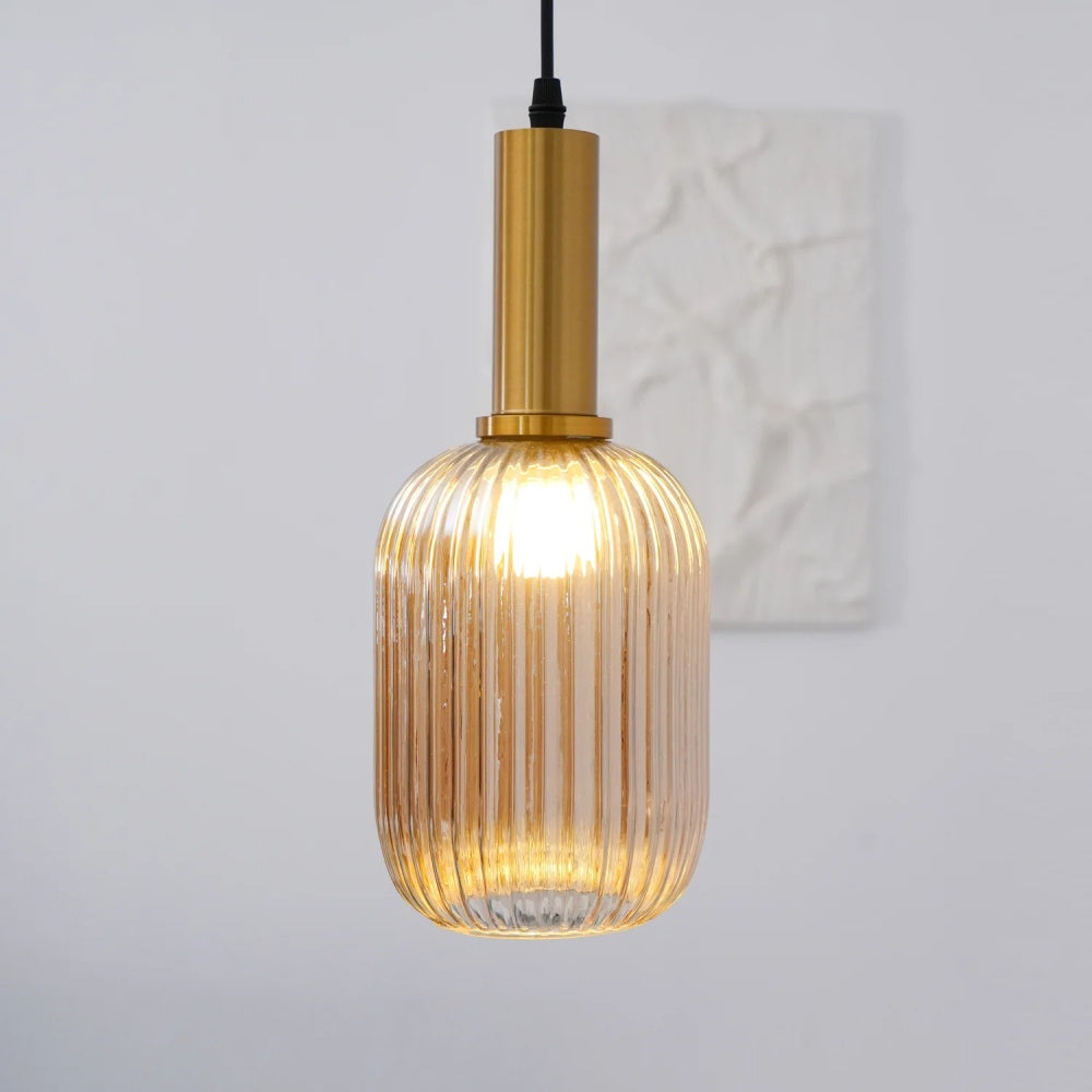 Ribbed Stained Glass Pendant Lamp – Retro Lantern Shape Hanging Light