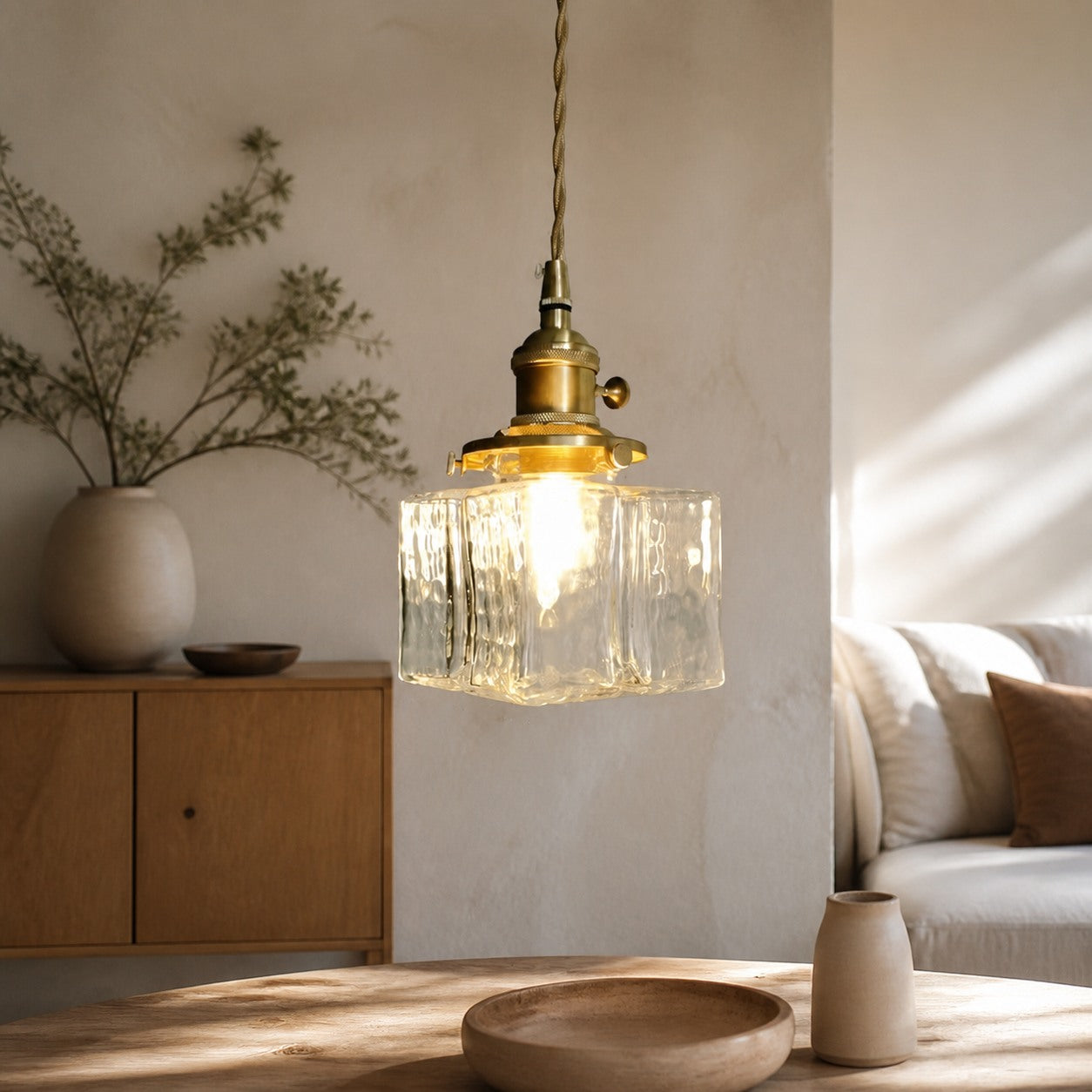 Traditional Vintage Square Rectangle Ripple Glass Iron 1-Light Pendant Light For Living Room