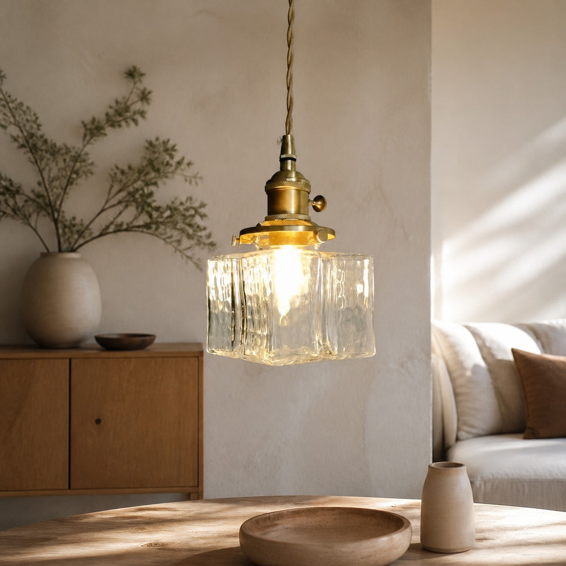 Traditional Vintage Square Rectangle Ripple Glass Iron 1-Light Pendant Light For Living Room