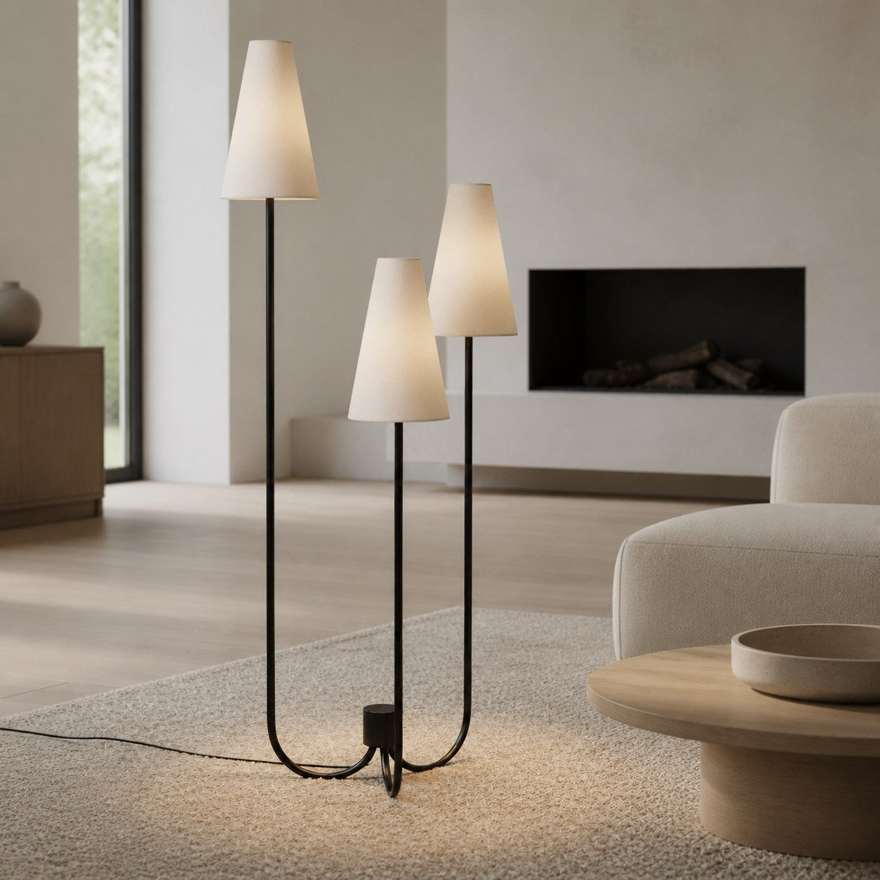 Cordove Three-Tapered Shade Floor Lamp – Modern minimalist Metal Fabric Light for Living Room