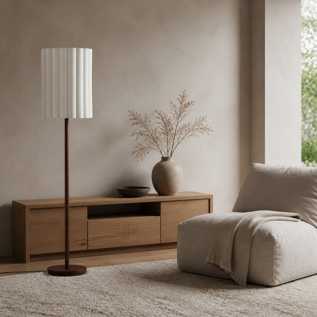 Linbron Walnut Wood Floor Lamp with Fluted Linen Shade – Modern Natural Home Decor