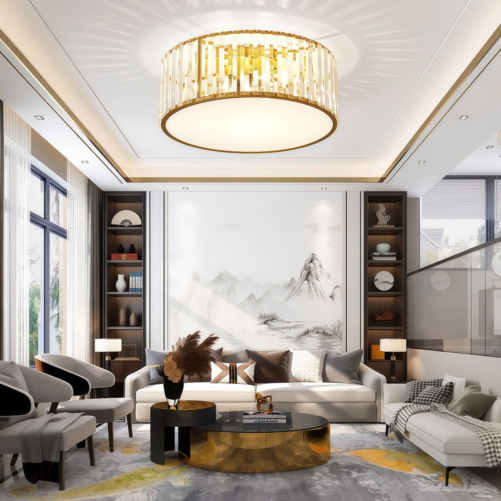 Crystal Glass Flush Mount Ceiling Light - Gold Drum Shade Ceiling Lamp