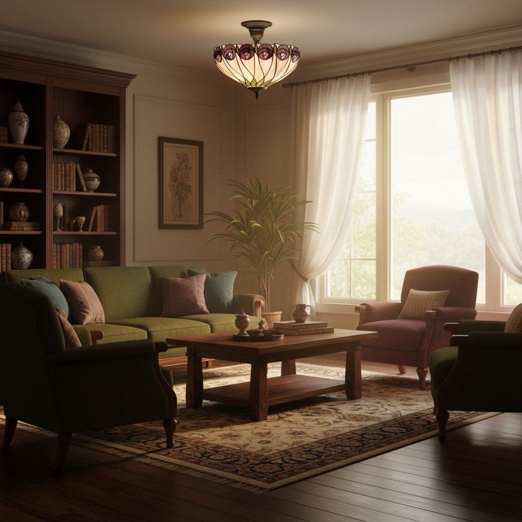 TF Hutchinson Tiffany Ceiling Light with Mackintosh Rose for Living and Dining Rooms