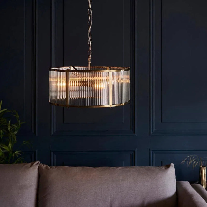 Ribbed Glass Brass Pendant Lamp - Antique Brass Light