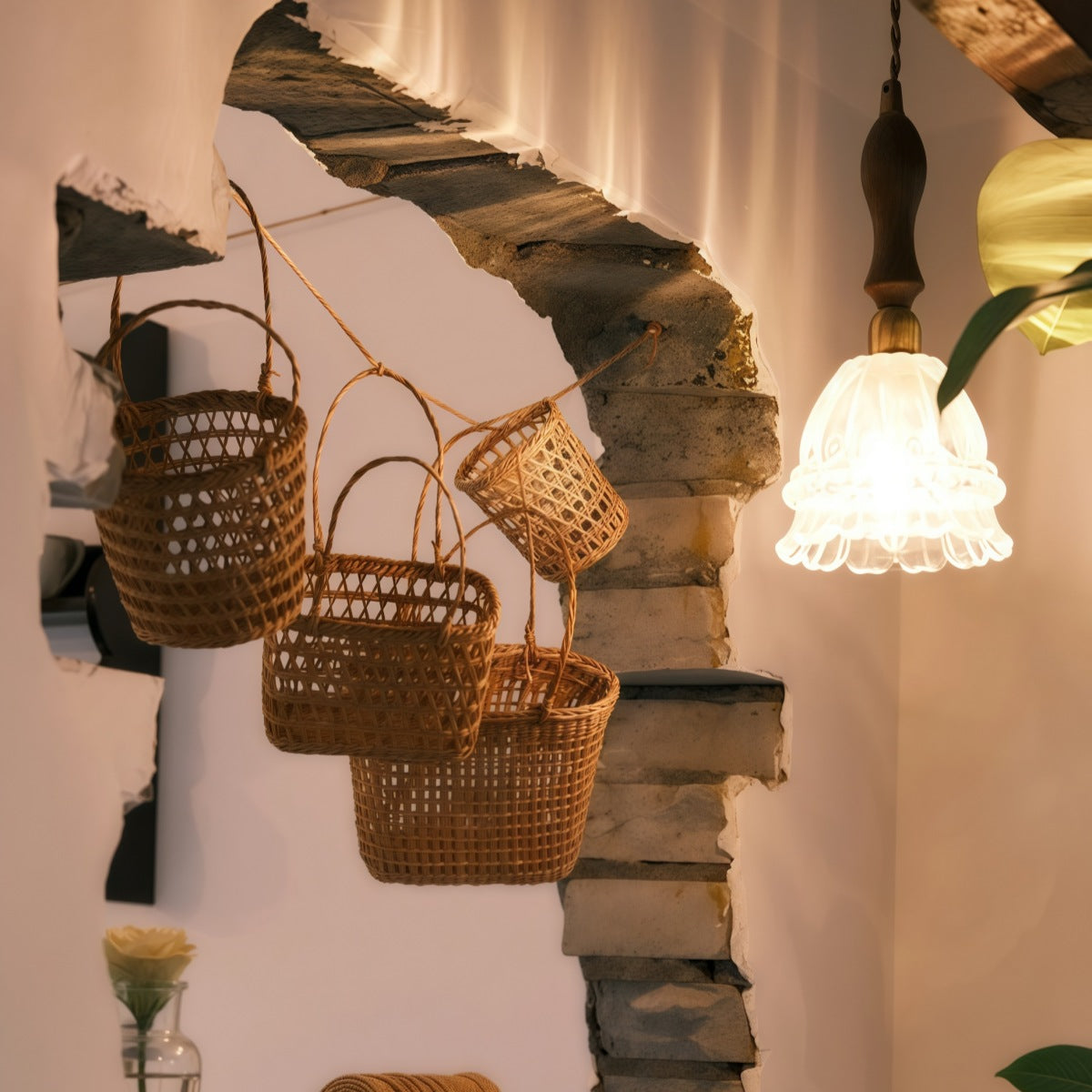 Jellyfish Flower Glass Pendant Light – Walnut & Antique Brass Style