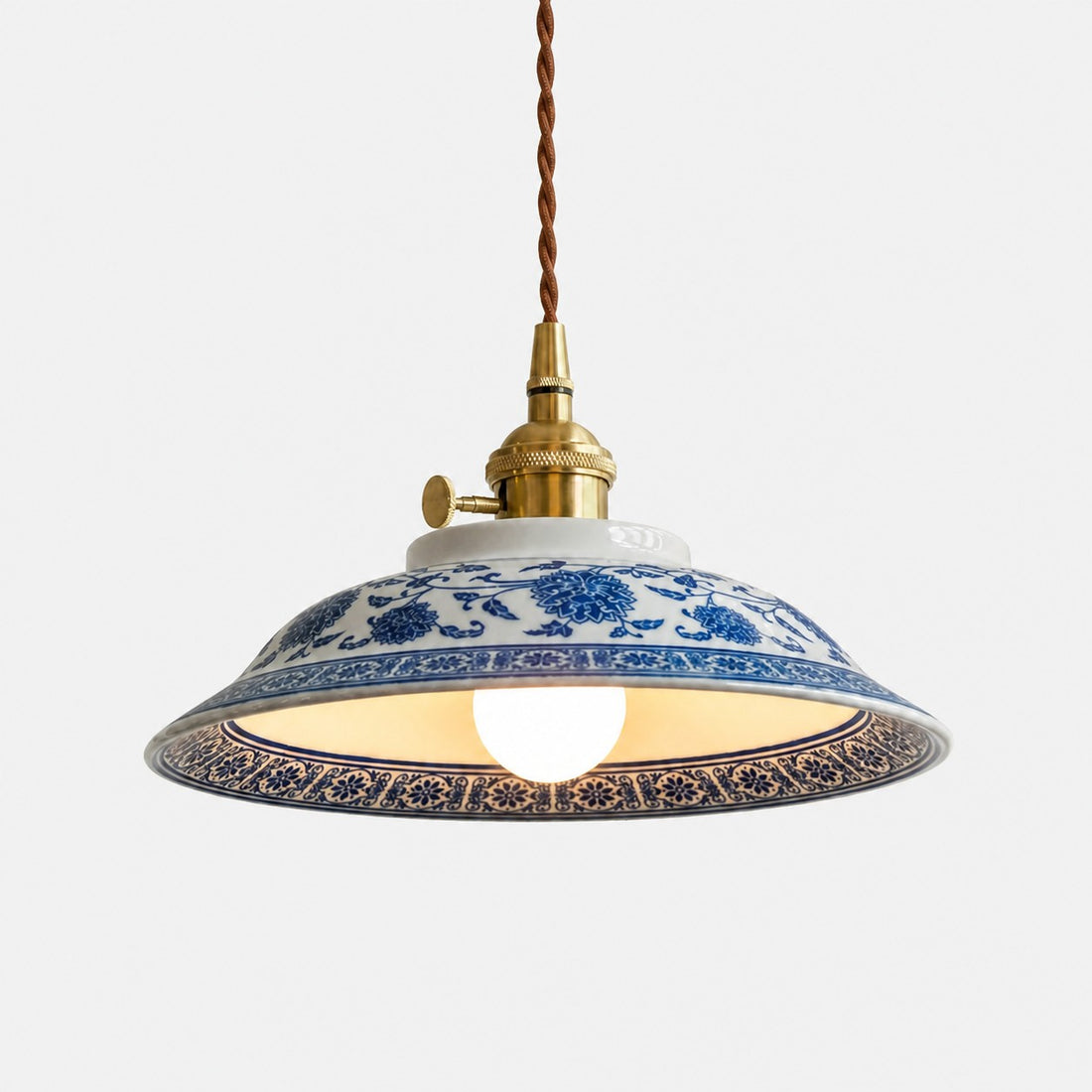 Blue And White Ceramic Pendant Light with Brass Accents