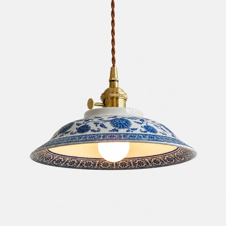 Blue And White Ceramic Pendant Light with Brass Accents