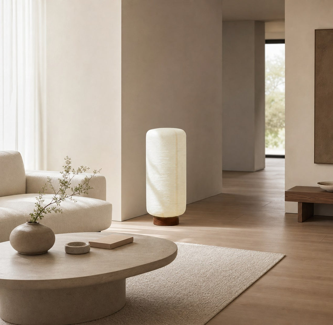 Tivo Minimalist Ribbed Floor Lamp - Simple Solid Wood Base with Paper Lampshade Suitable for Living Room and Bedroom