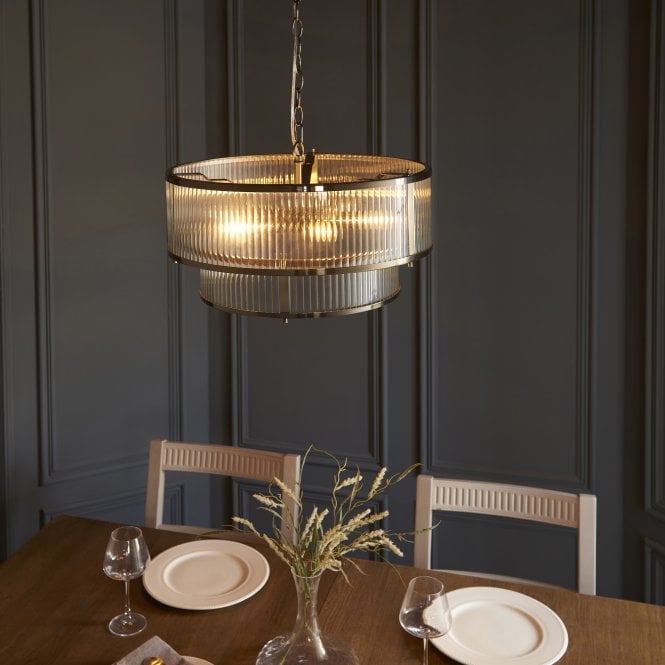 Two Tiered Ribbed Glass Pendant Lamp – Antique Brass Metal Light