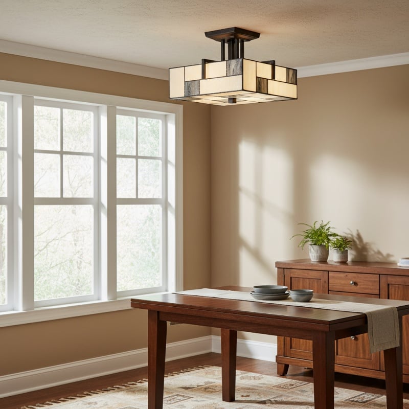 TF Manchester Ceiling Light – Stained Glass Fixture in Art Deco Style for Living Room or Hallway