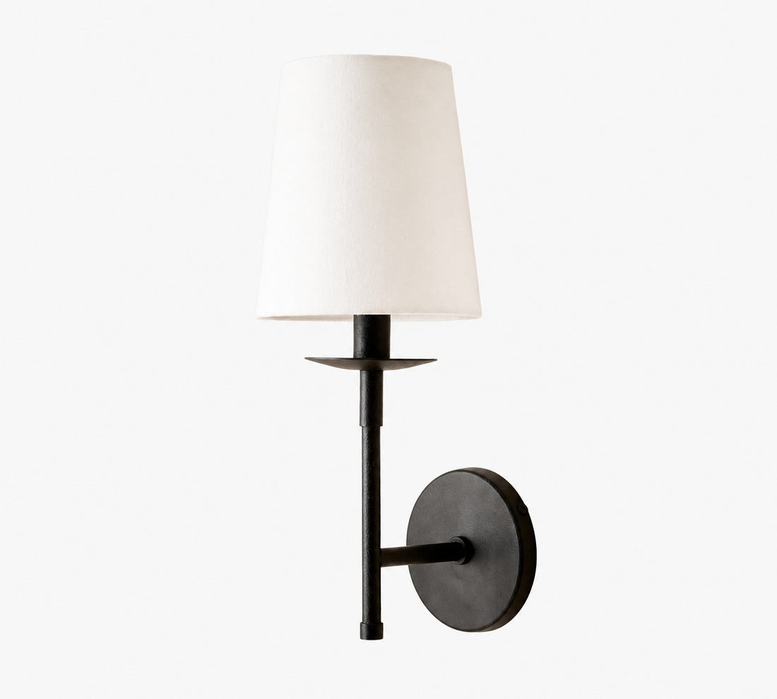 Rowan Bronze or Brass Wall Sconce - Iron Light with White Linen Shade for Home
