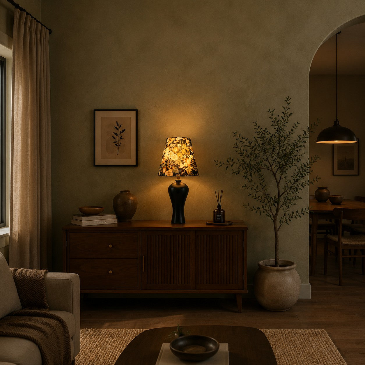 Black floral table lamp styled in living room
