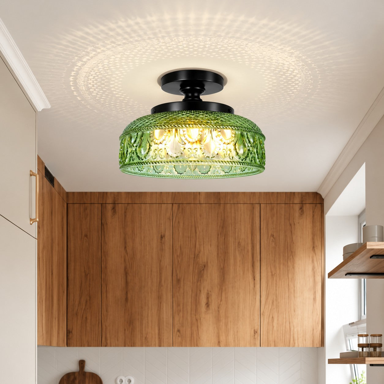 Blossix green glass ceiling light in a wood kitchen
