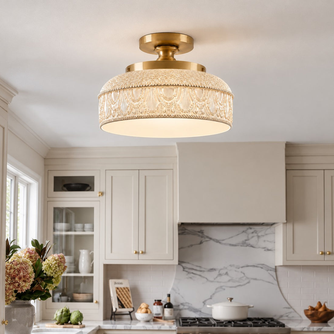 Blossix milk white glass ceiling light in a cream kitchen