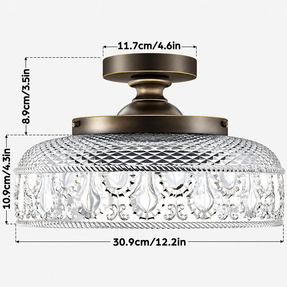 Blossix textured glass disc ceiling light dimensions, 12.2 inches wide by 7.8 inches high