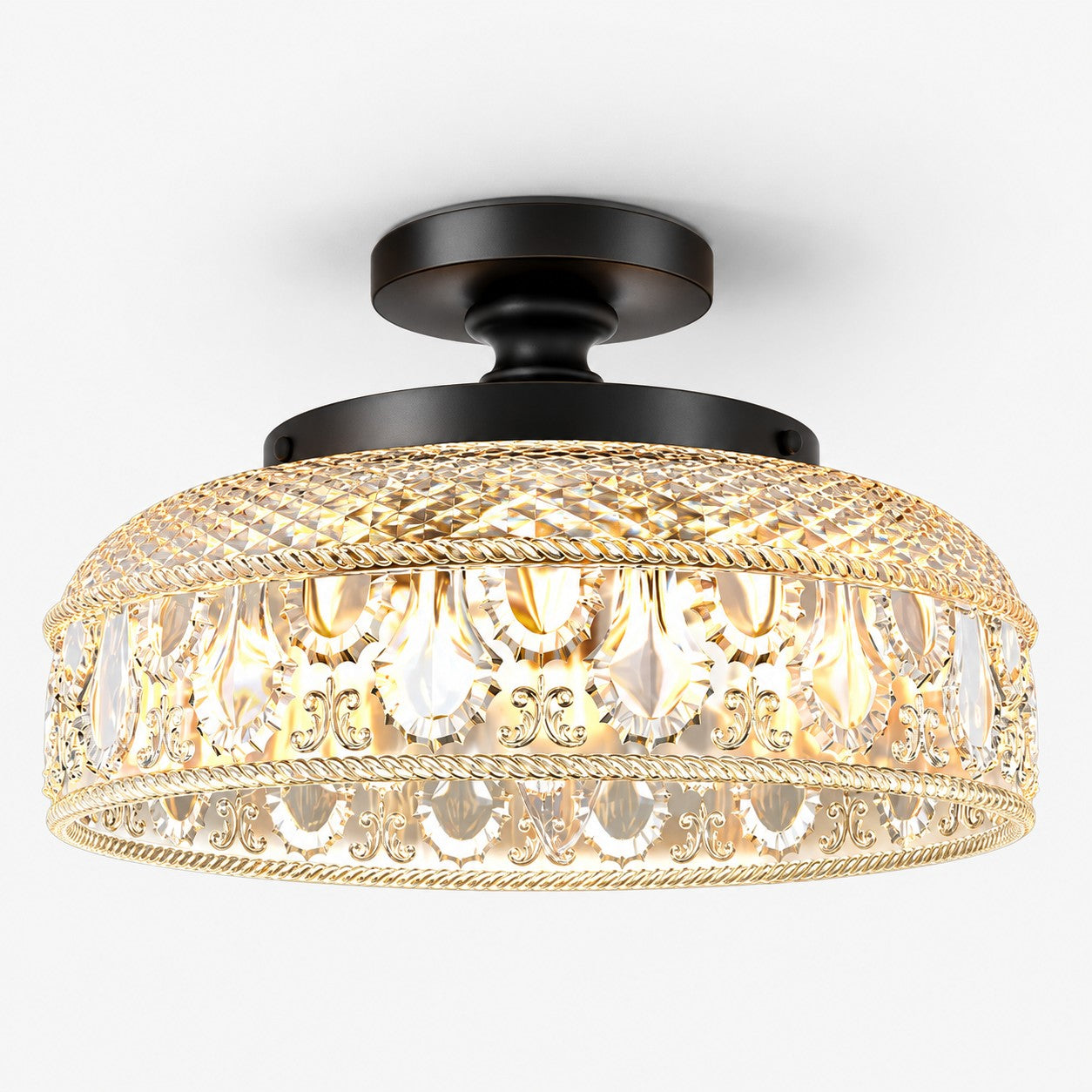Blossix textured glass disc ceiling light, clear glass, black finish