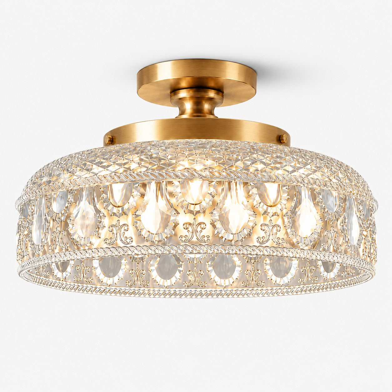 Blossix textured glass disc ceiling light, clear glass, gold finish