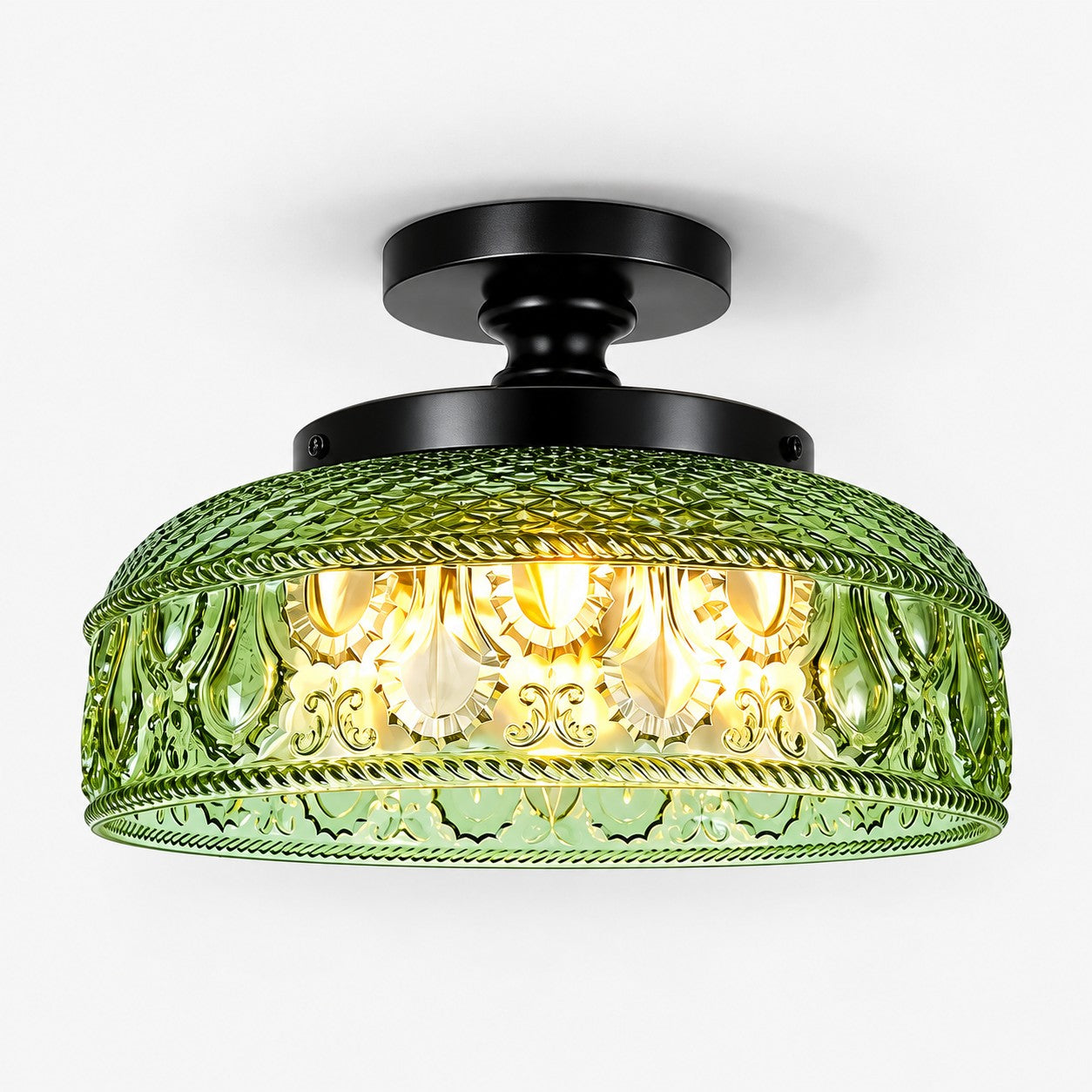Blossix textured glass disc ceiling light, green glass, black finish