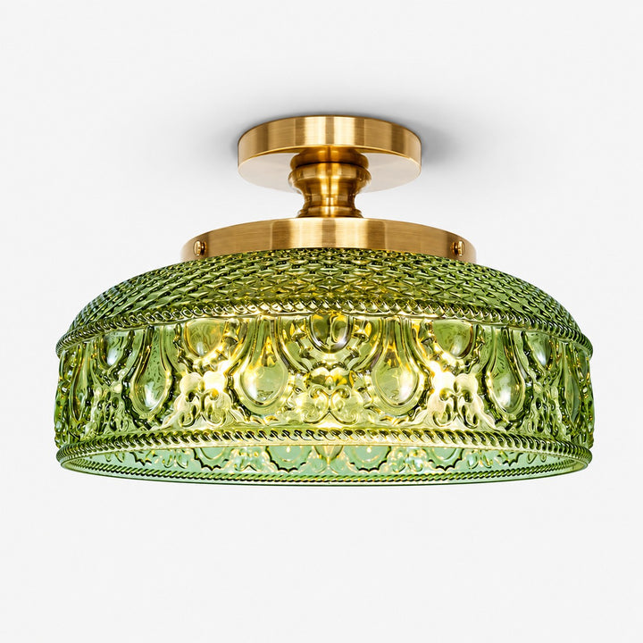 Blossix textured glass disc ceiling light, green glass, gold finish
