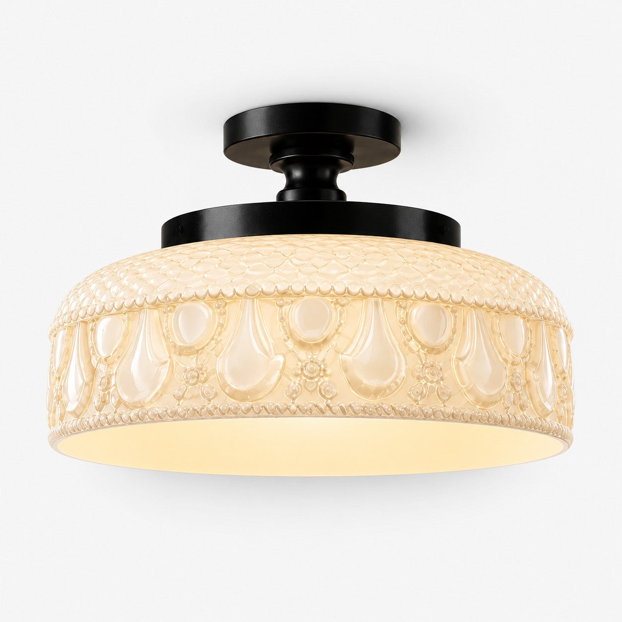 Blossix textured glass disc ceiling light, milk white glass, black finish
