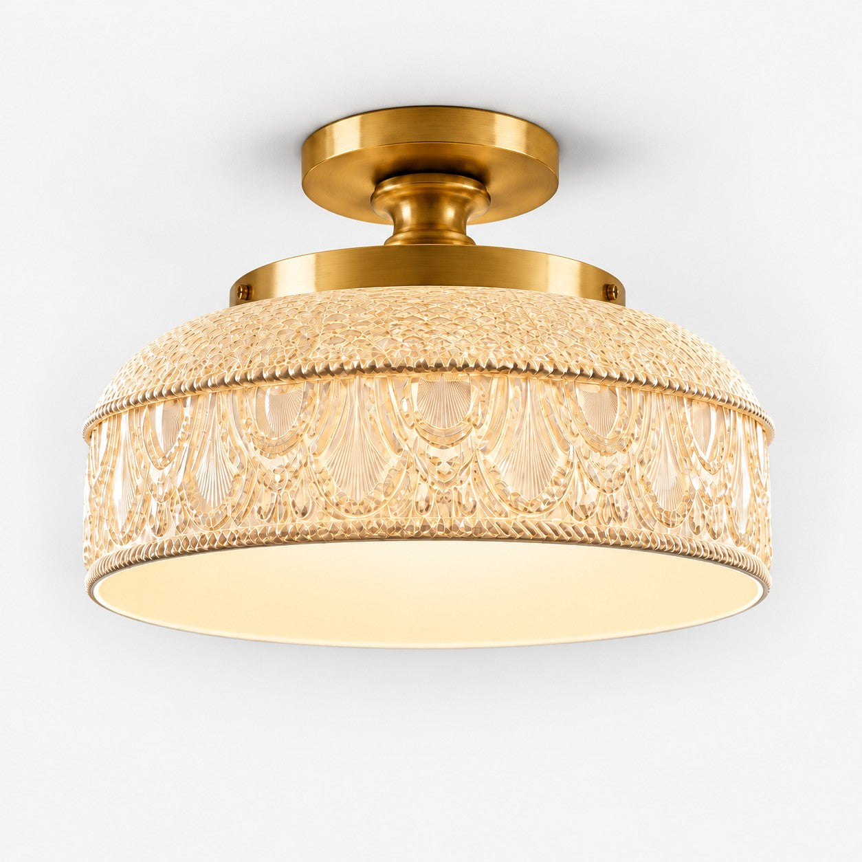 Blossix textured glass disc ceiling light, milk white glass, gold finish