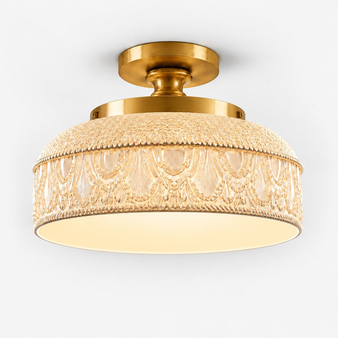 Blossix textured glass disc ceiling light, milk white glass, gold finish