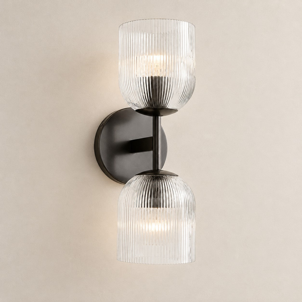 Bravira ribbed glass sconce, matte black, 2 heads