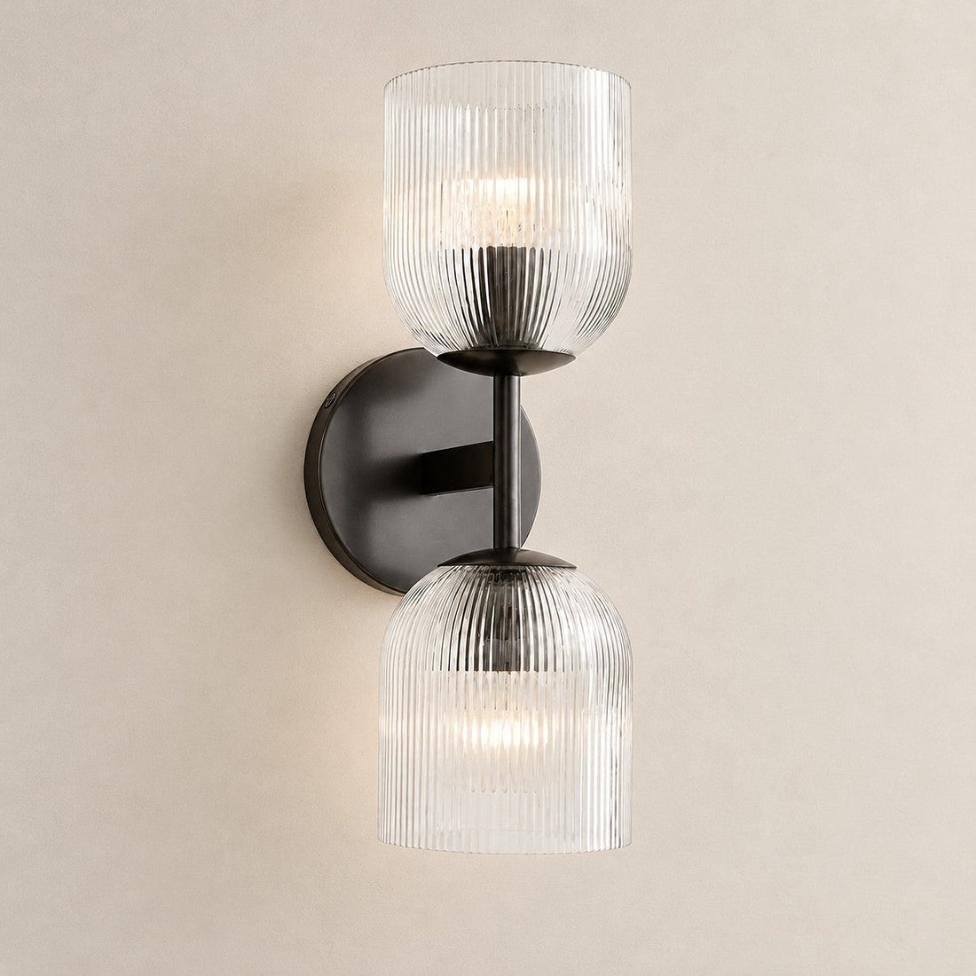 Bravira ribbed glass sconce, matte black, 2 heads