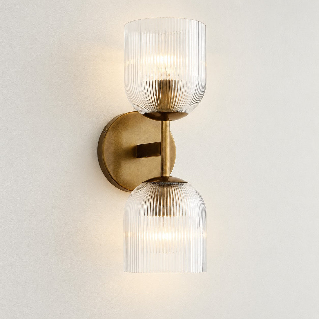 Bravira ribbed glass sconce, tumbled brass, 2 heads