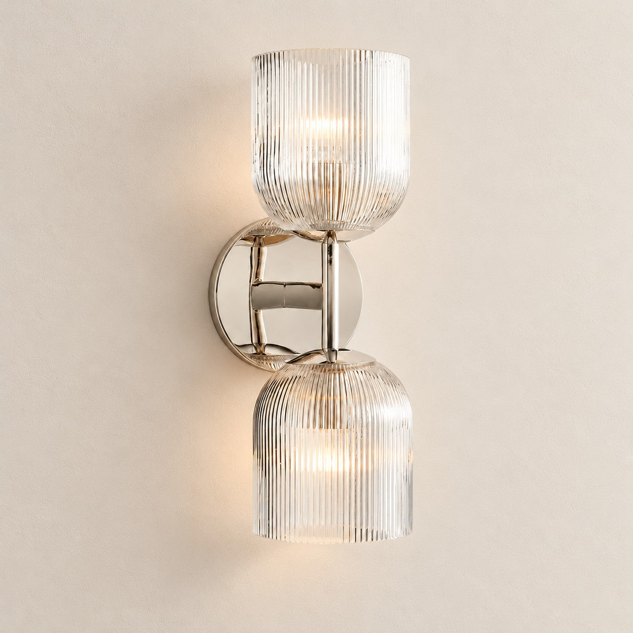 Bravira ribbed glass sconce, polished nickel, 2 heads