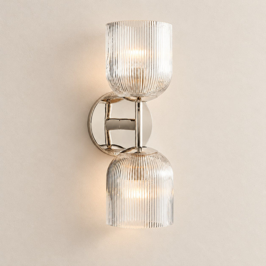 Bravira ribbed glass sconce, polished nickel, 2 heads