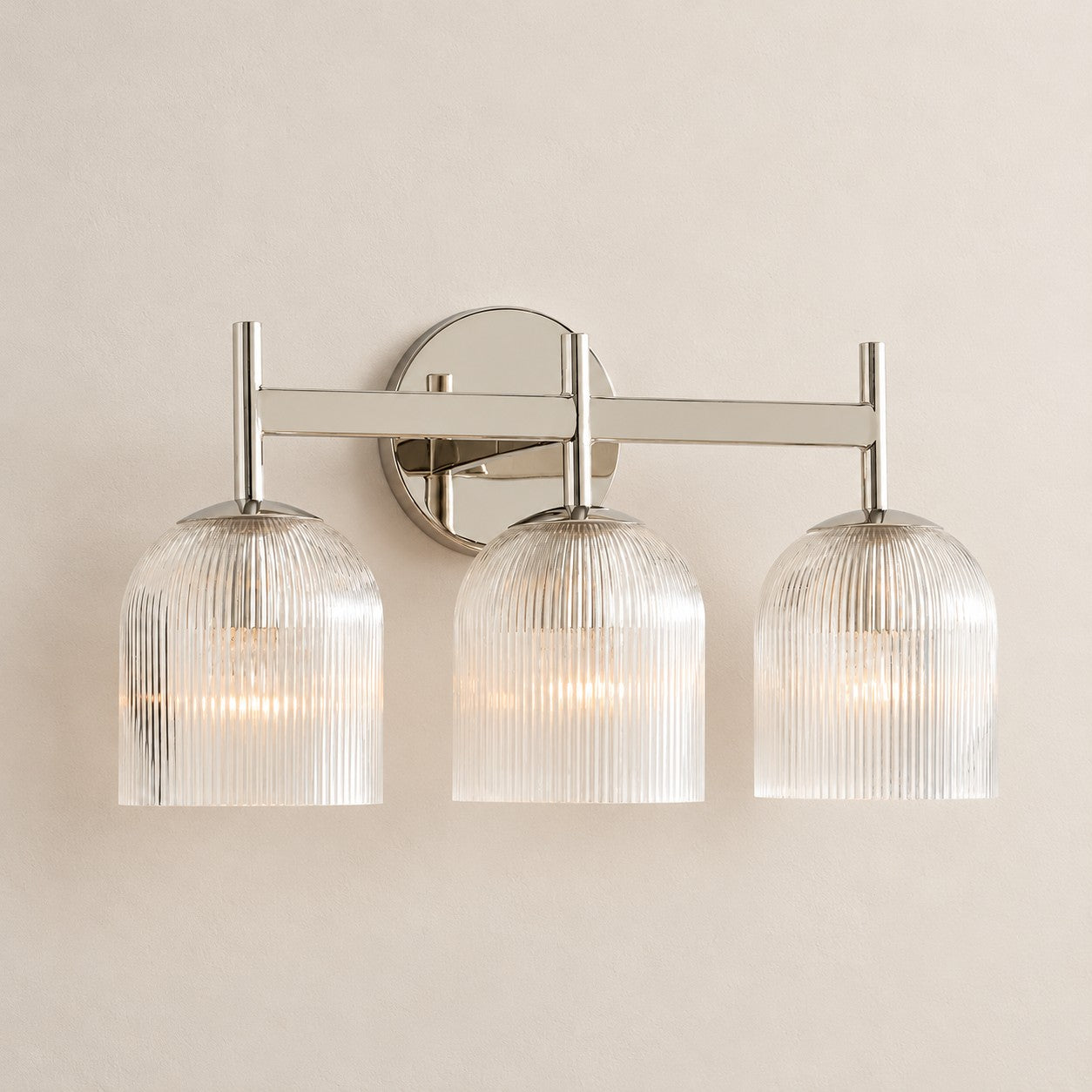 Bravira ribbed glass sconce, polished nickel, 3 heads