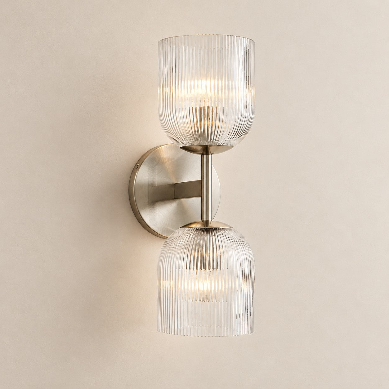 Bravira ribbed glass sconce, satin nickel, 2 heads
