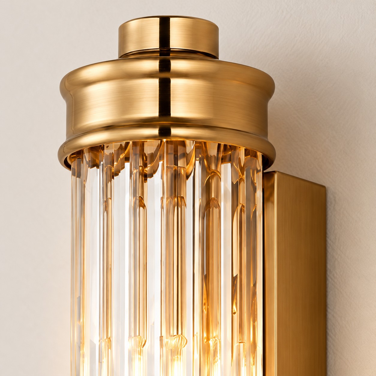 Close-up of the brass collar and ribbed glass shade