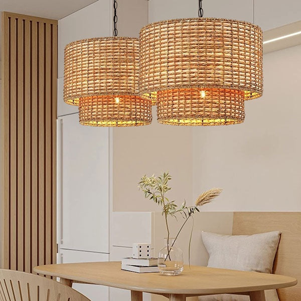 Natural Rattan Double Drum Pendant Light With Black Canopy