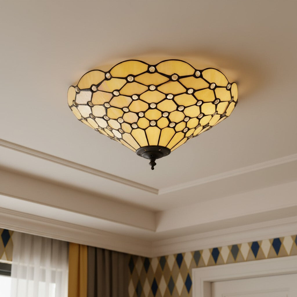 TF Pearl Handcrafted Tiffany Ceiling Light – Art Deco Stained Glass Light for Hallway or Living Room